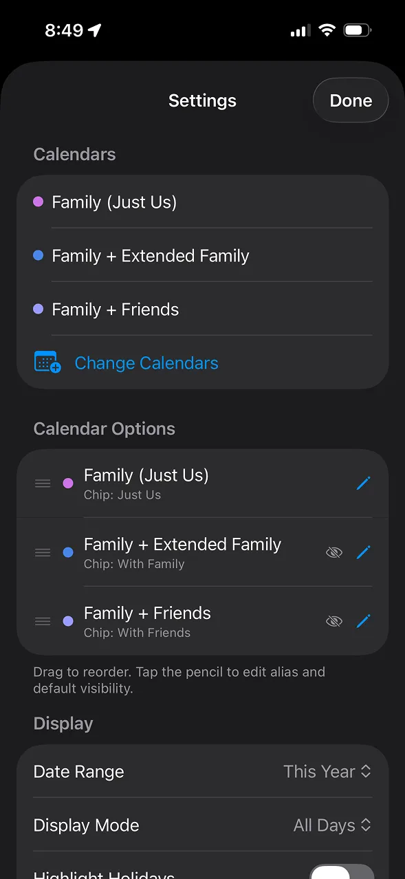 Calendar and display settings