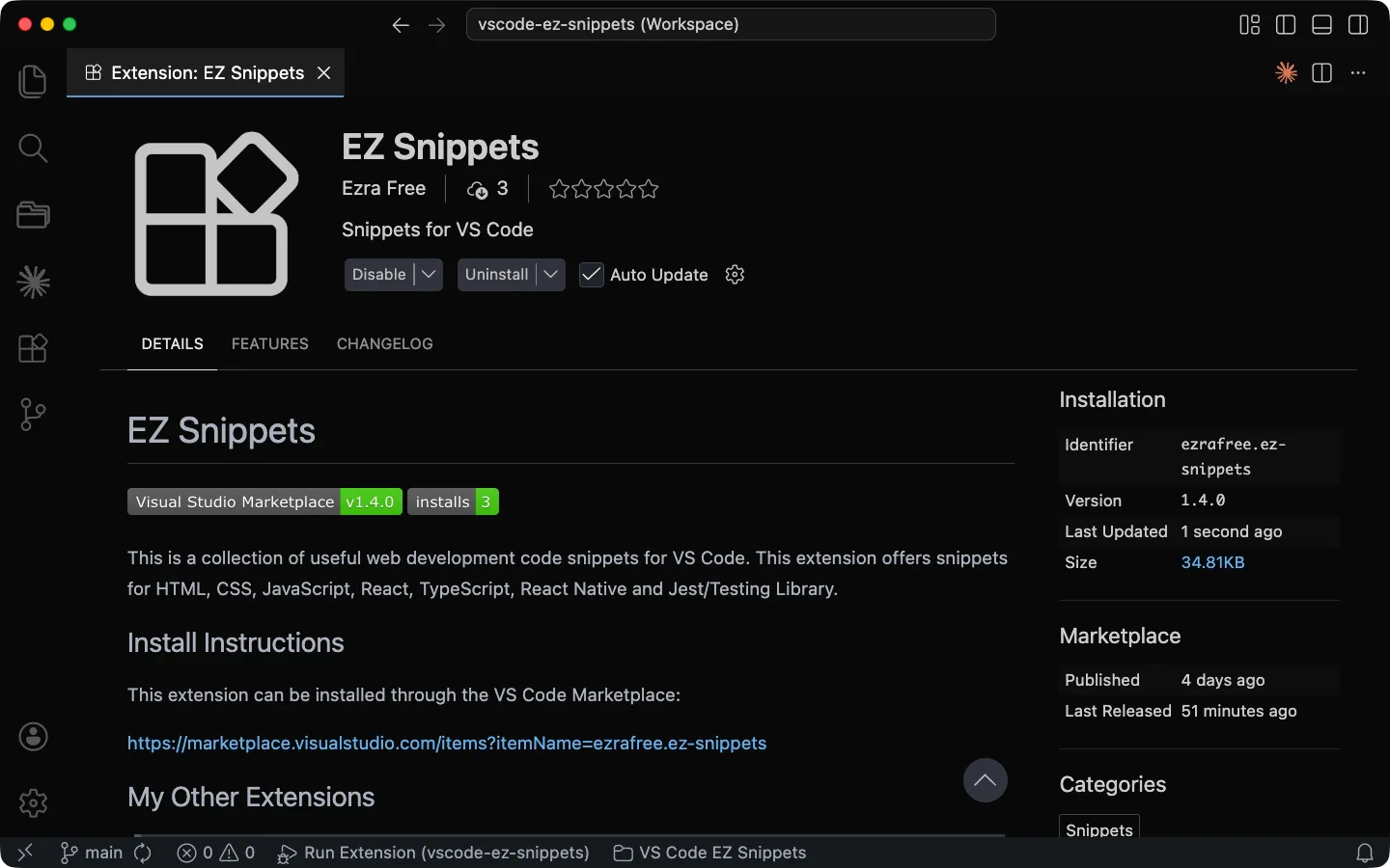 The EZ Snippets VS Code extension