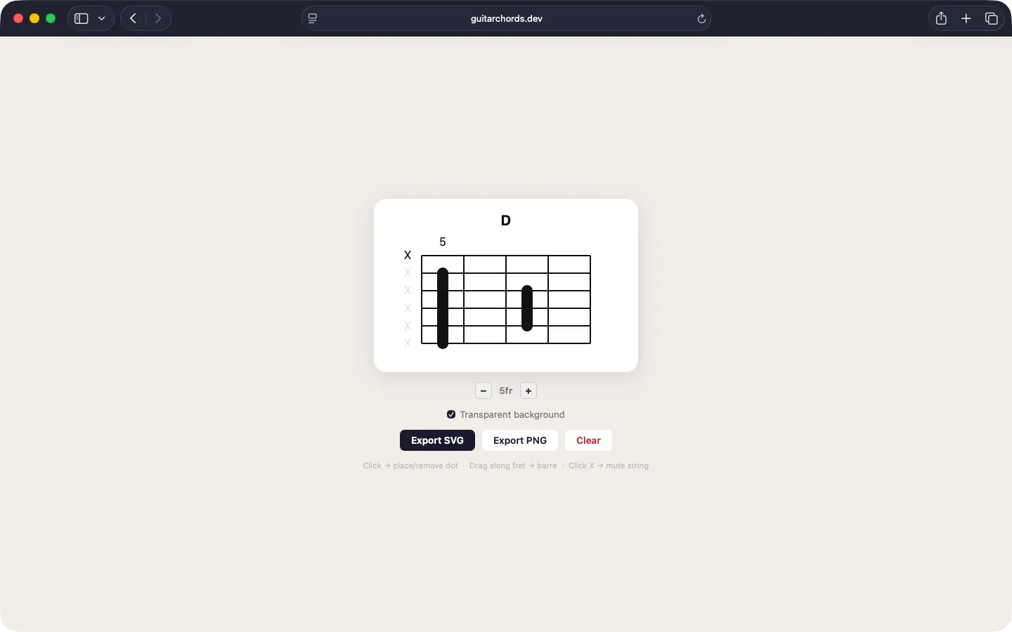 Guitar Chords editing a D chord diagram, with buttons to export it as SVG or PNG.