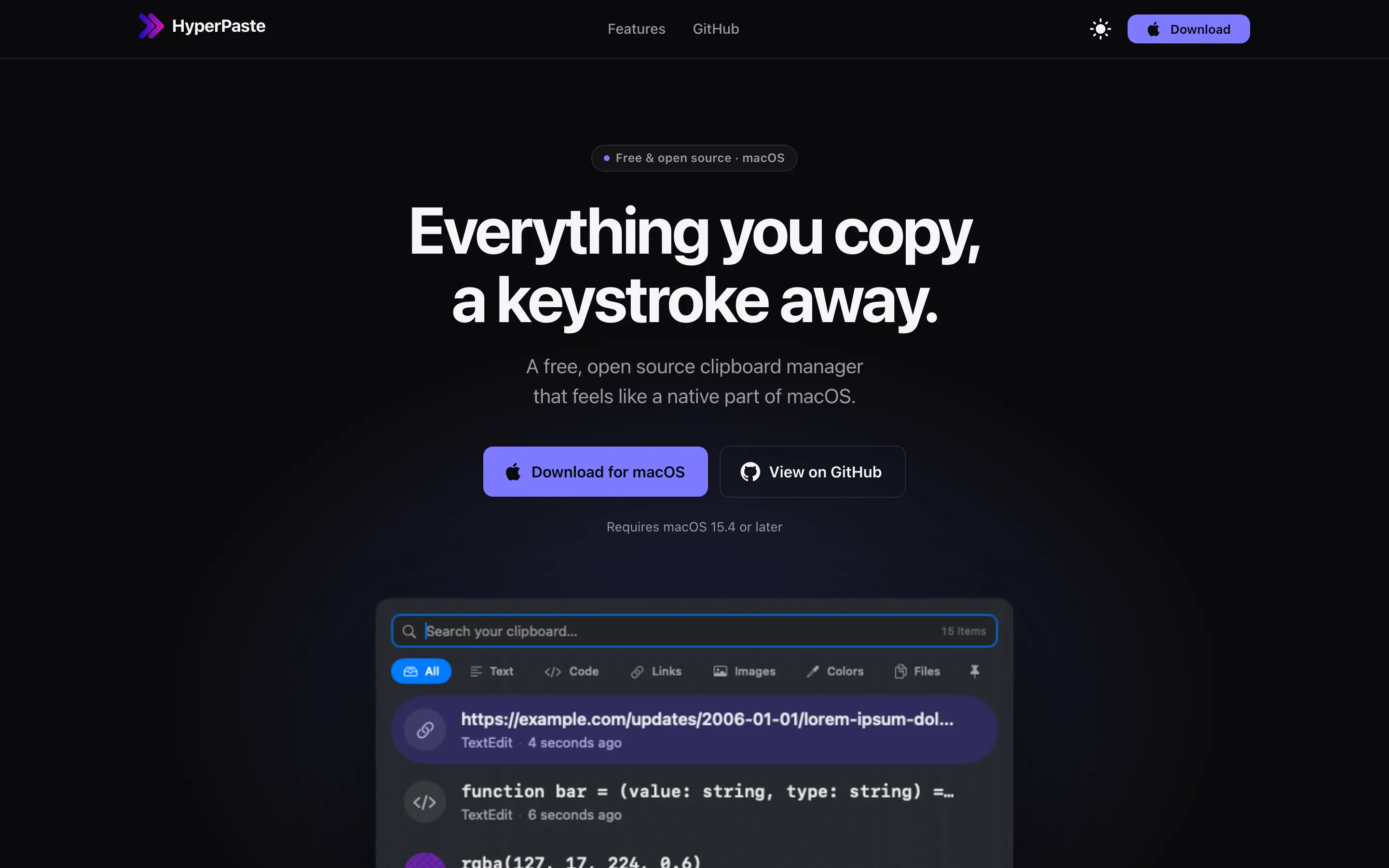 The HyperPaste website: “Everything you copy, a keystroke away,” above the app’s clipboard window.