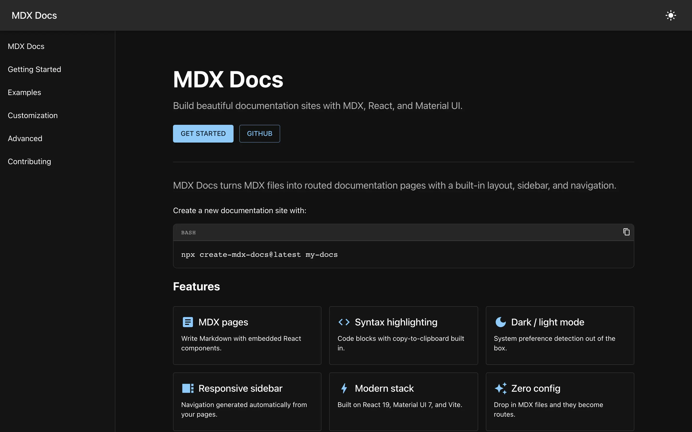 The MDX Docs documentation site: a sidebar of sections beside the getting-started page.