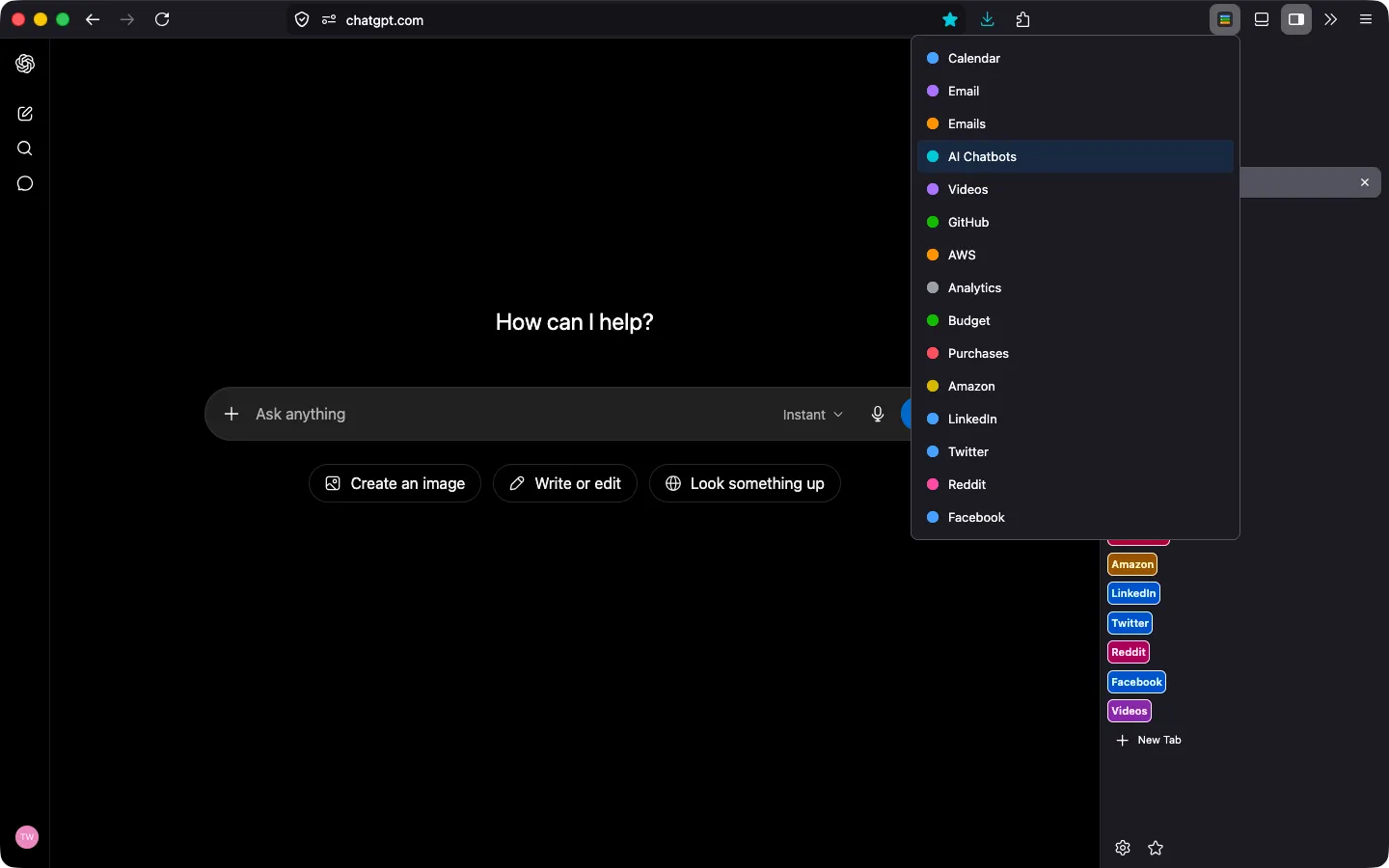 The Tab Groups Switcher Firefox extension interface