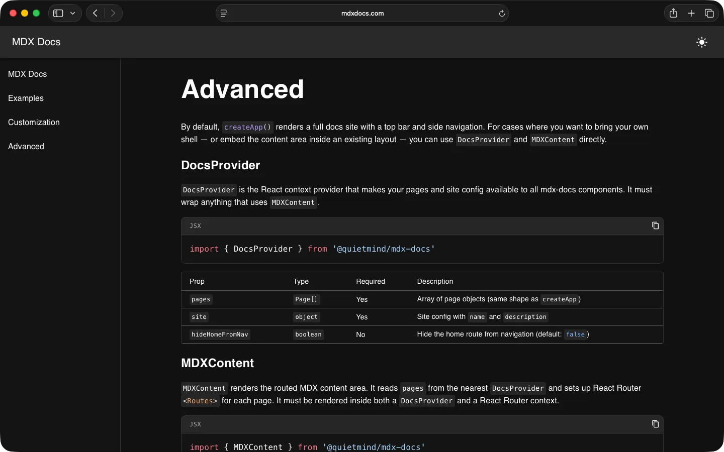 MDX Docs advanced configuration