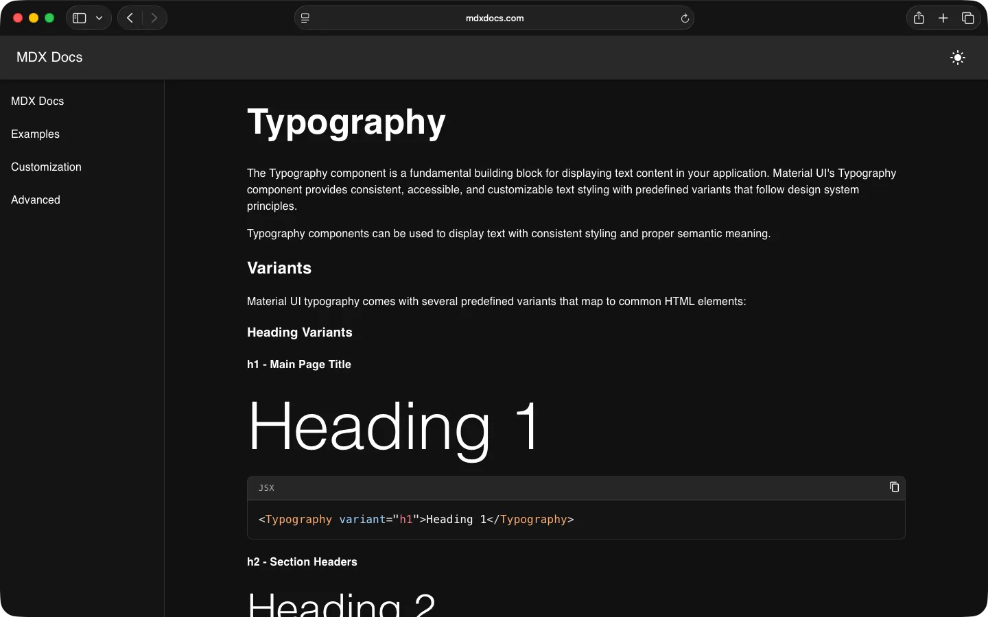 An MDX Docs style guide page documenting typography: heading variants, each with its code.