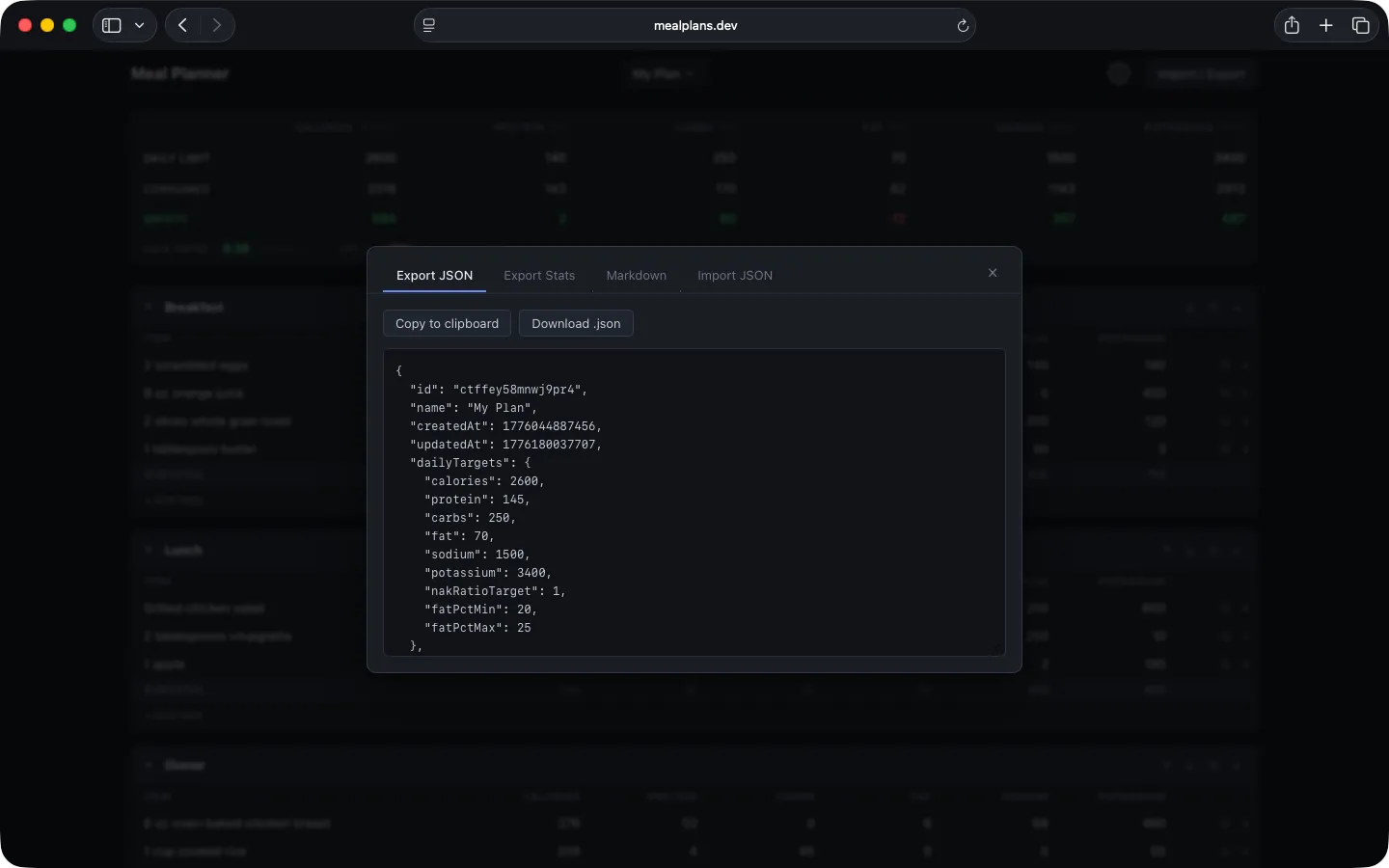 MealPlans.dev exporting a meal plan as JSON, with tabs for stats, Markdown, and importing a plan back in.