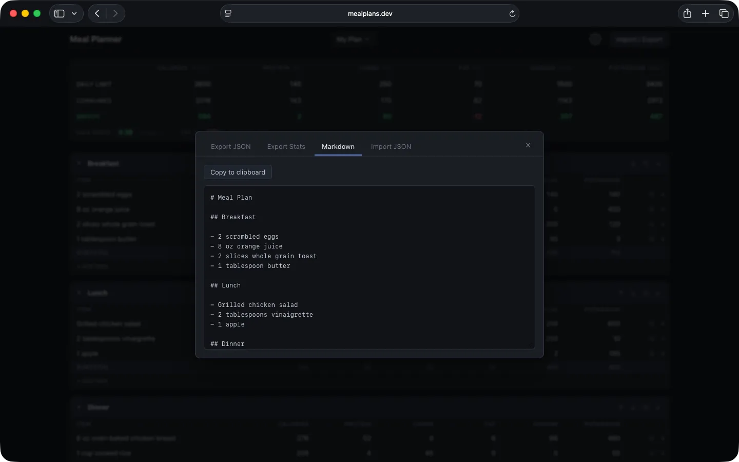 Export meal plan as markdown