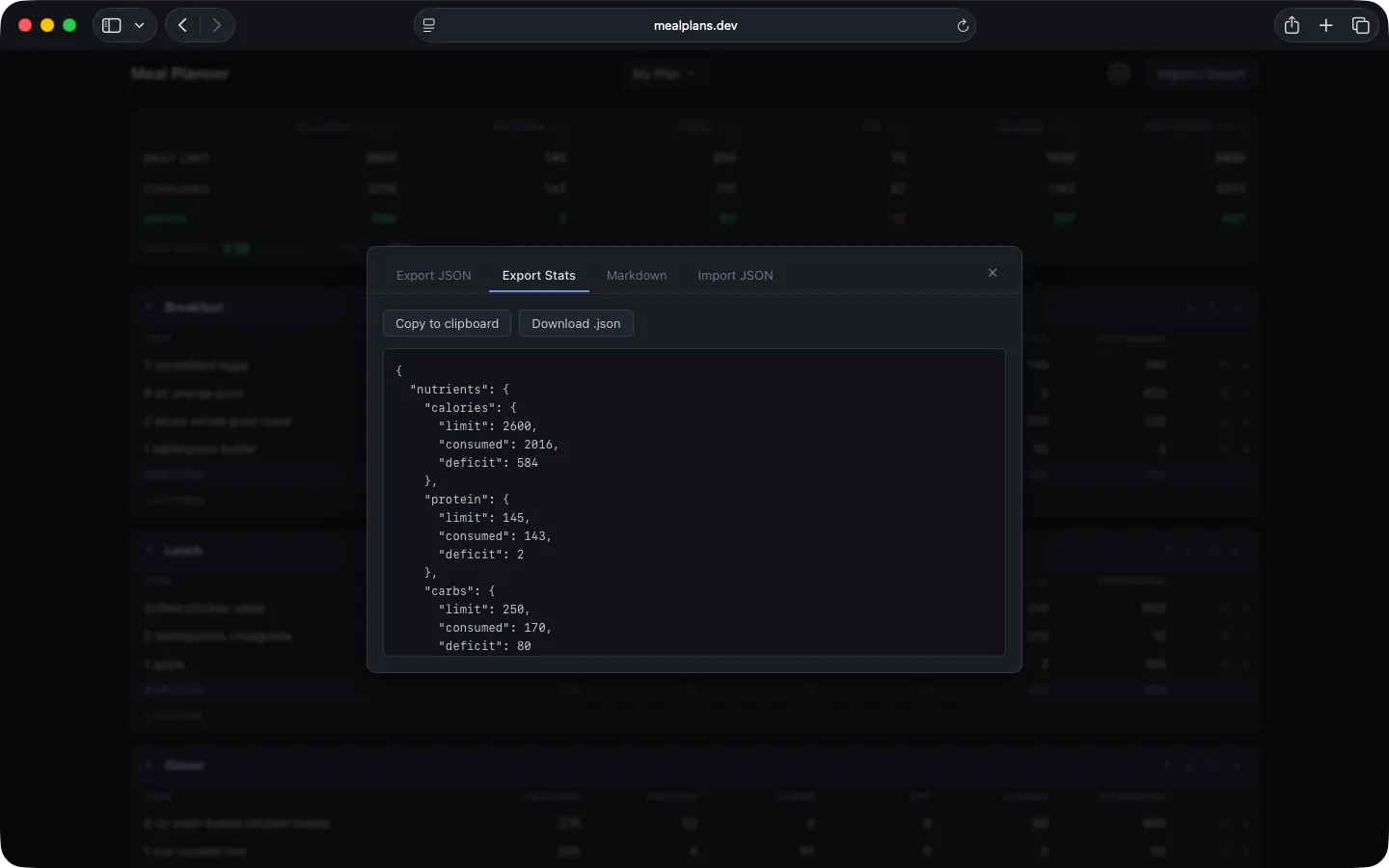 Export meal plan stats as JSON
