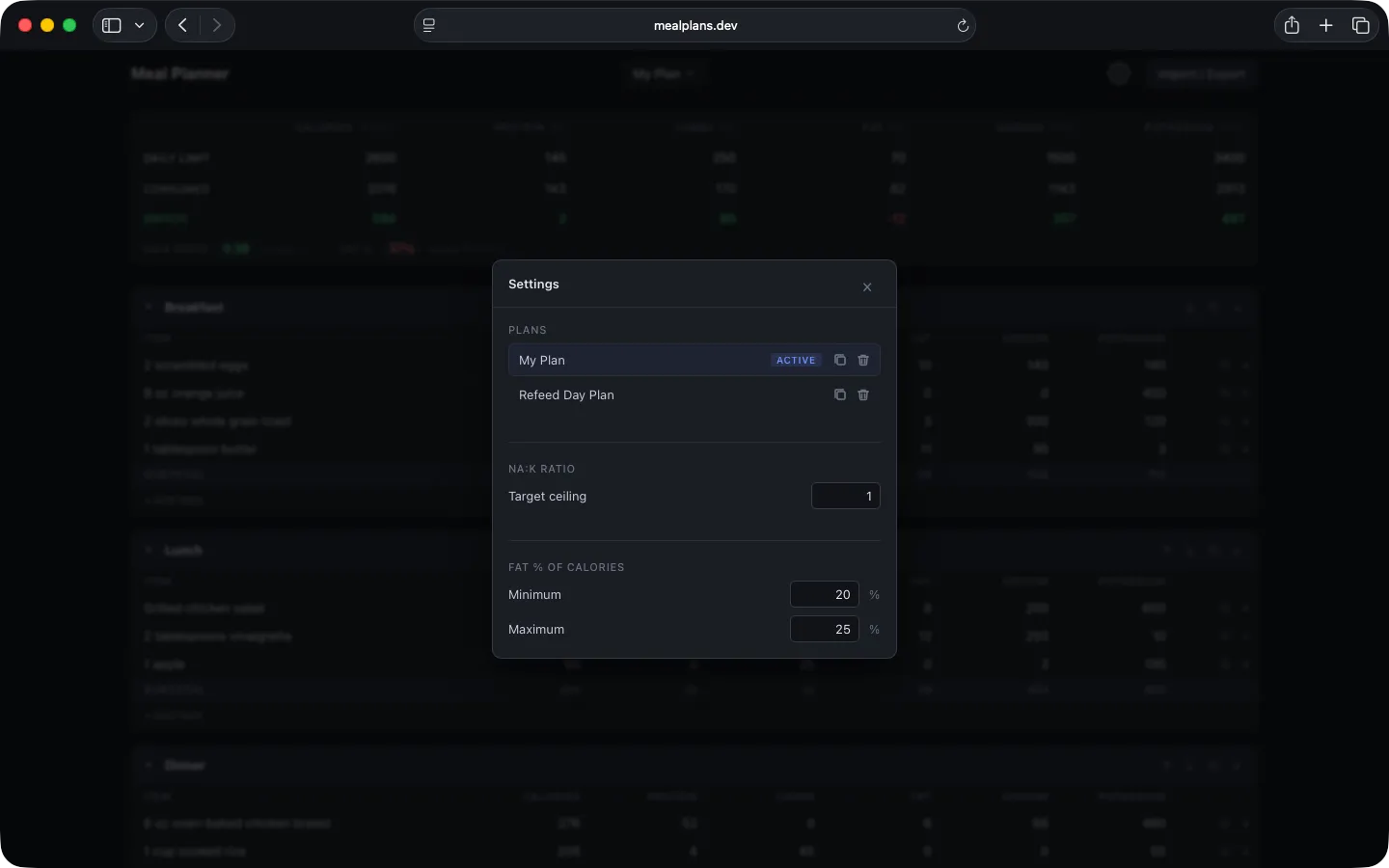 Meal plans settings page