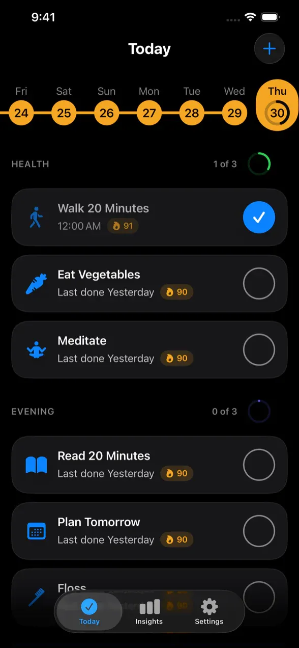 Tango’s Today screen: health and evening routines, each habit with its streak.