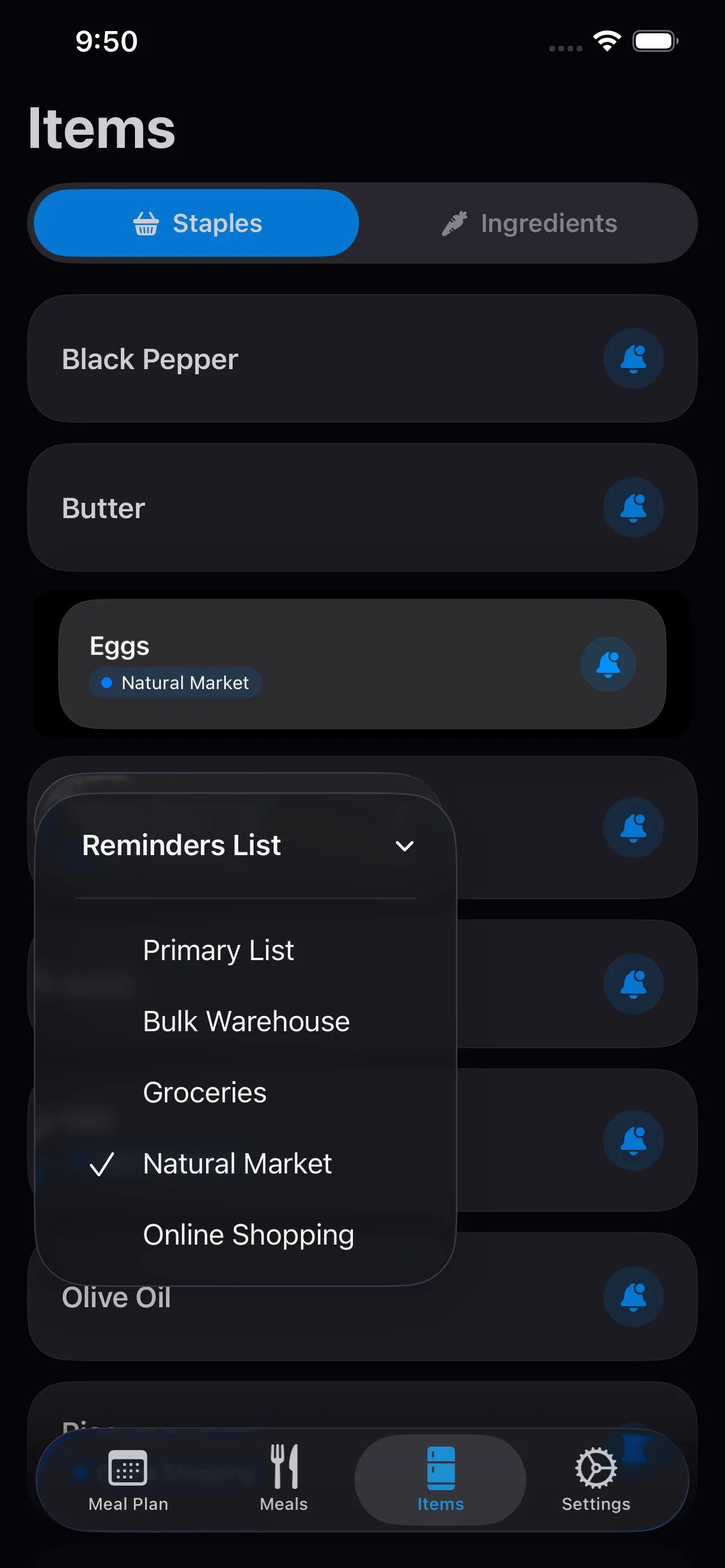 Rotate Meals’ shopping list of staples, with a menu for choosing which Reminders list each item goes to.