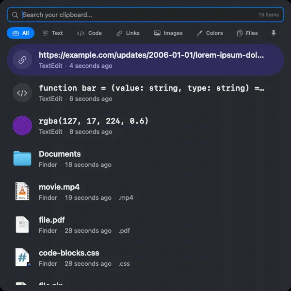 HyperPaste’s window: a search field, filters by type, and recent clips including a link, code, a color, and files.