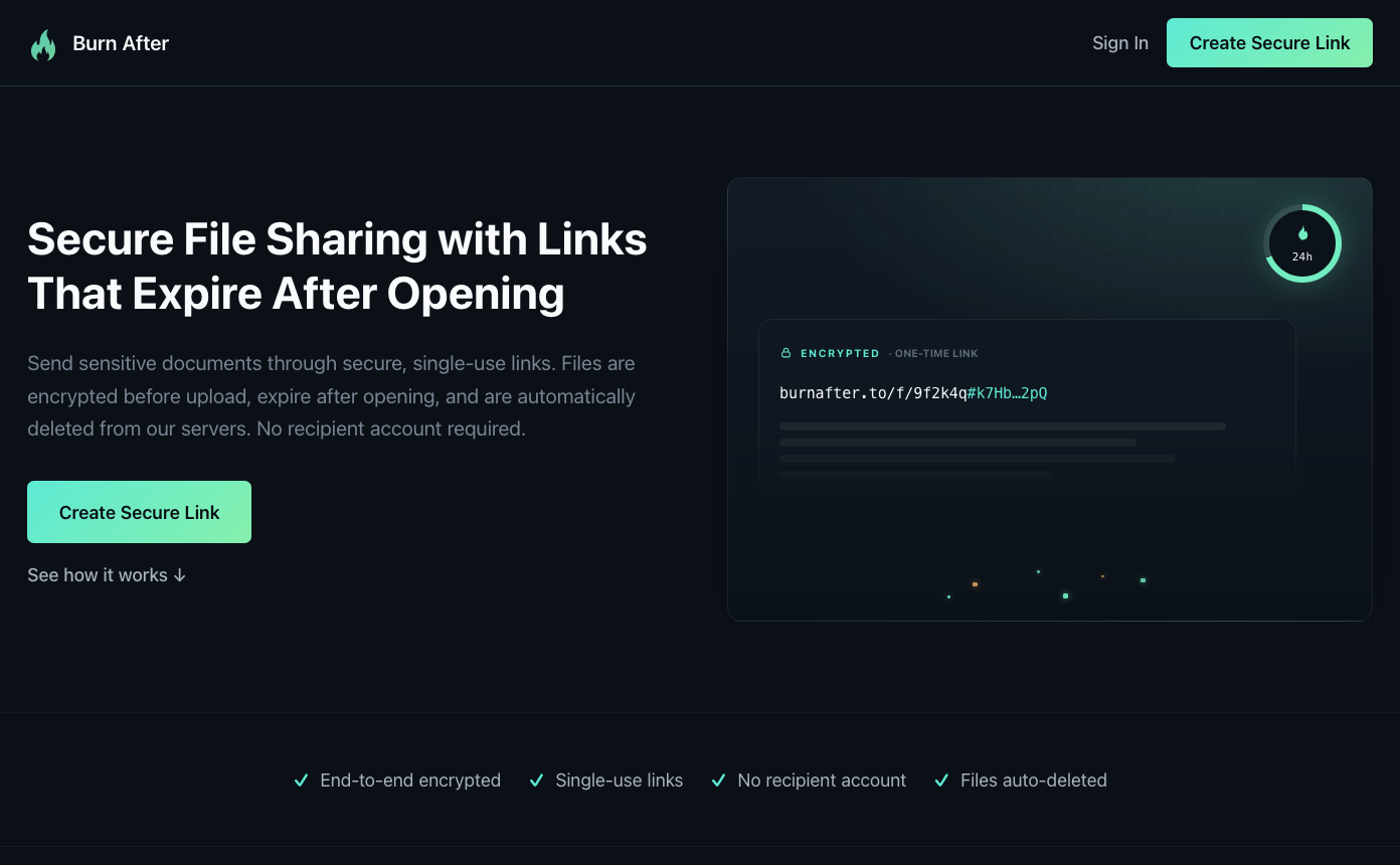 Burn After landing page explaining single-use links that expire after opening