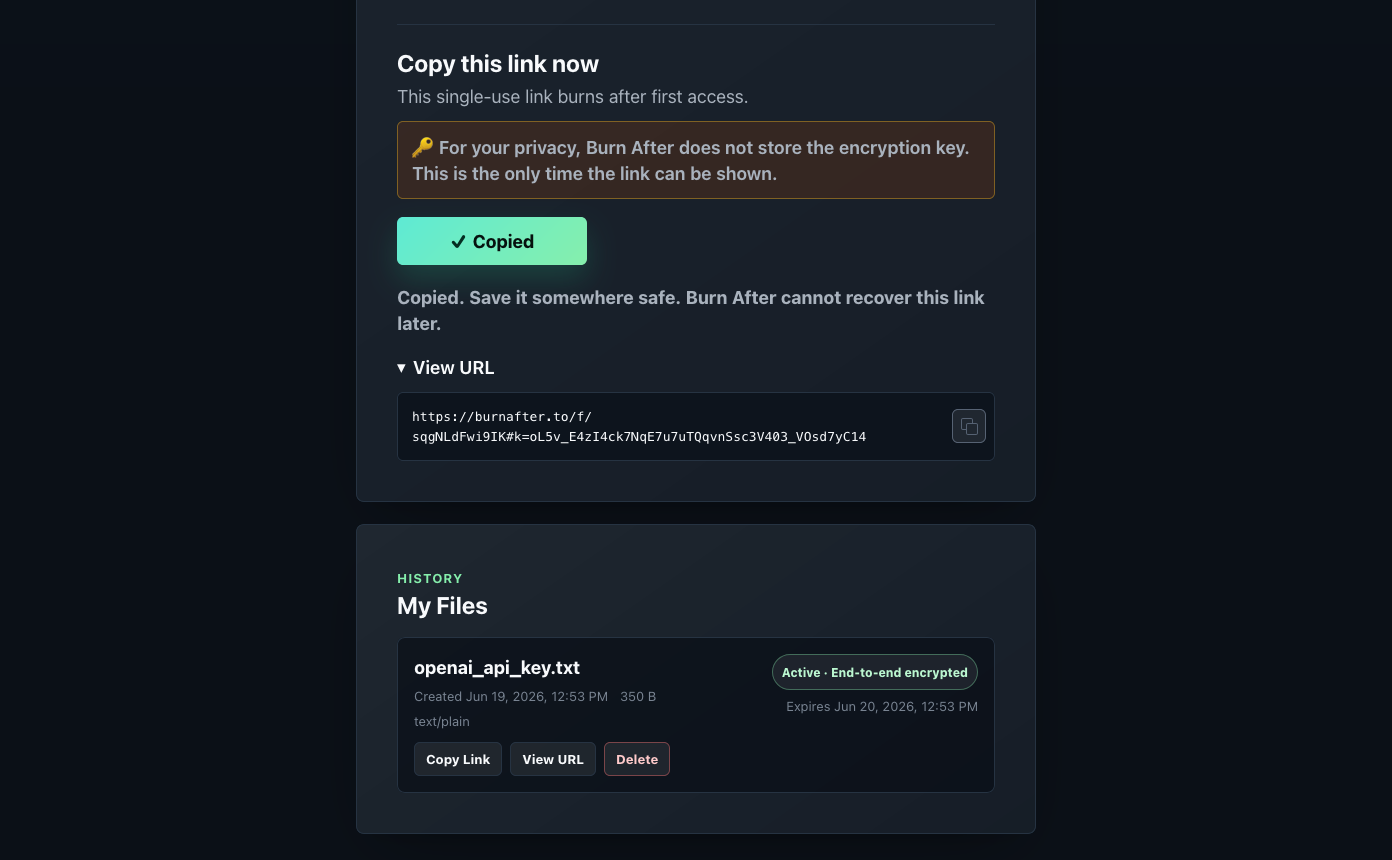 Single-use link copied to the clipboard, shown only once