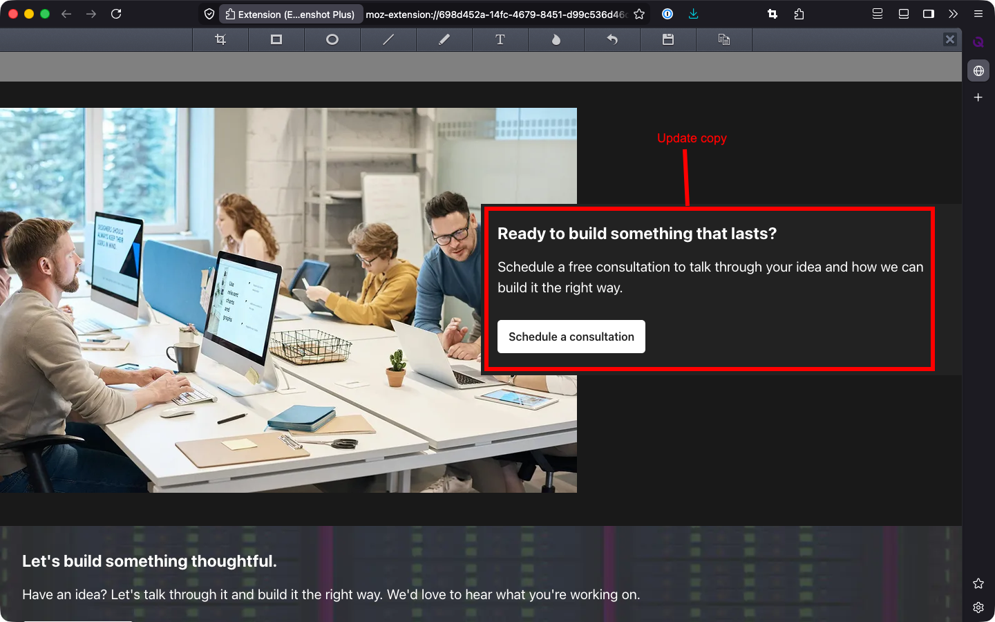 The Easy Screenshot Plus Firefox extension annotating a web page