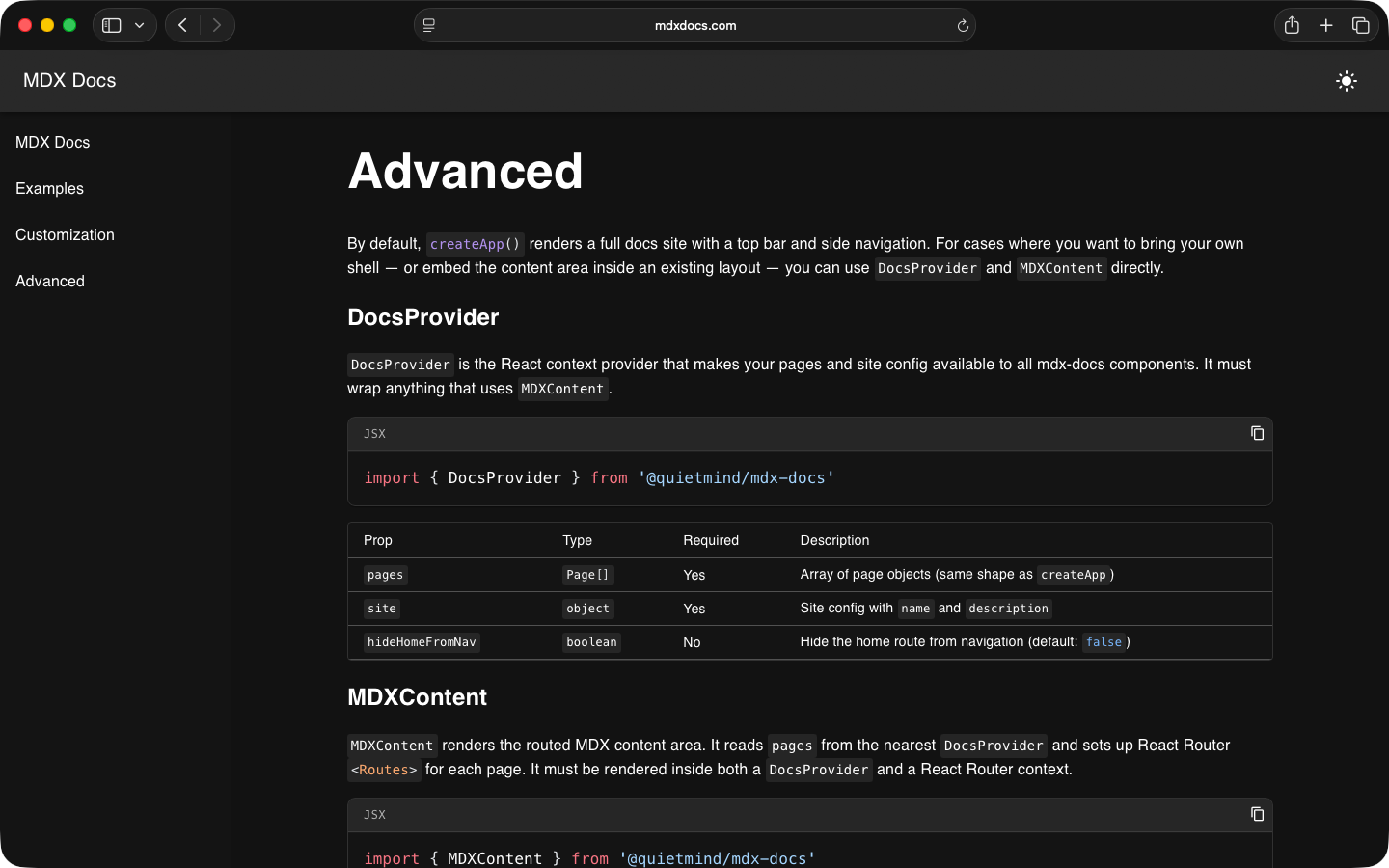 MDX Docs advanced configuration