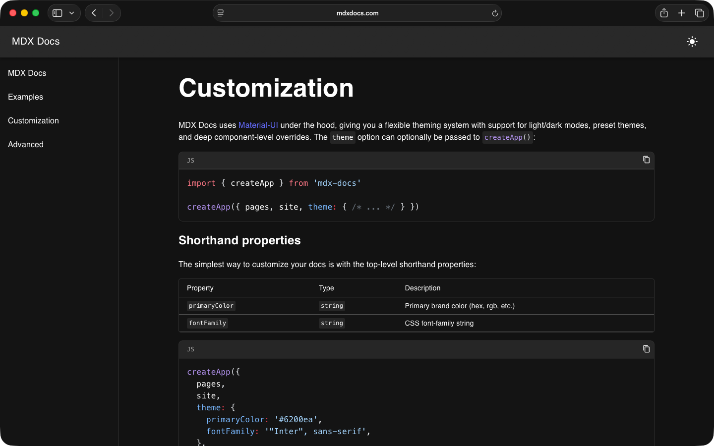 MDX Docs customization configuration
