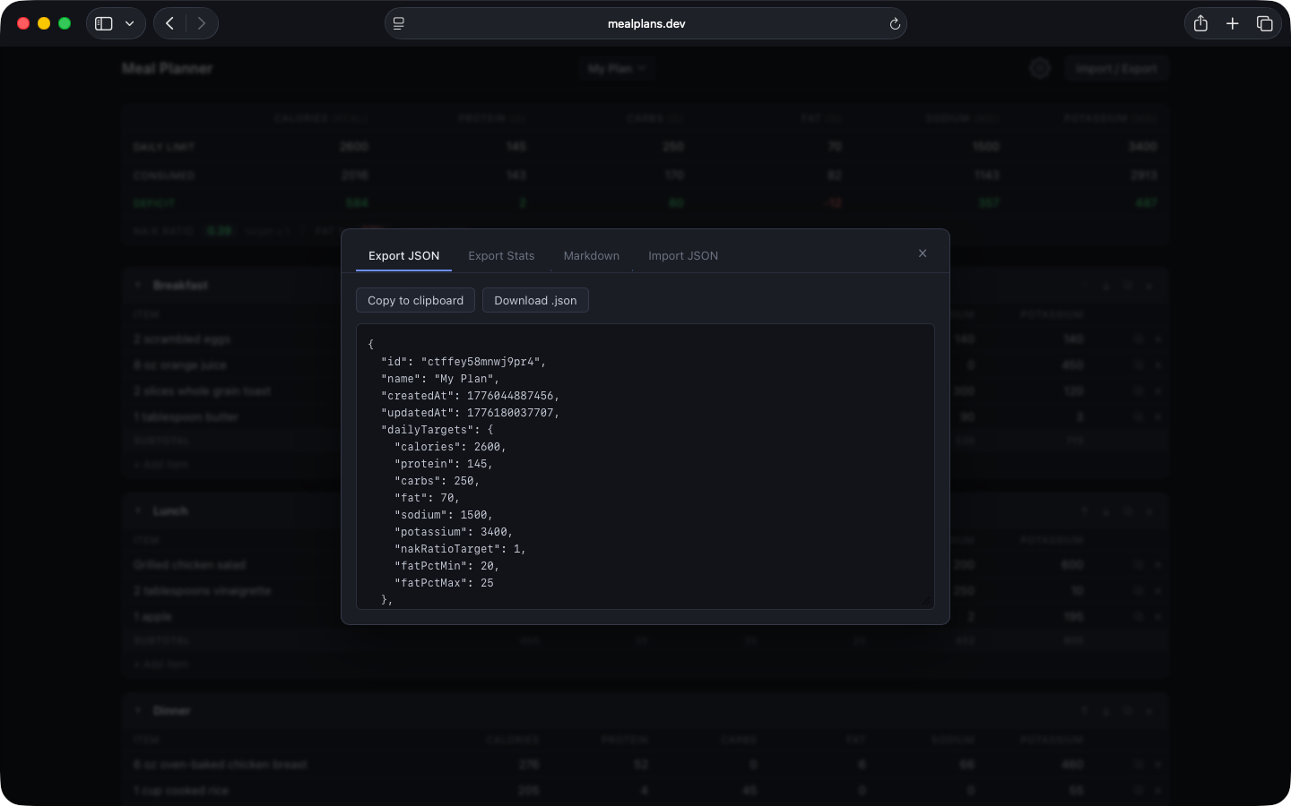 Export meal plan as JSON