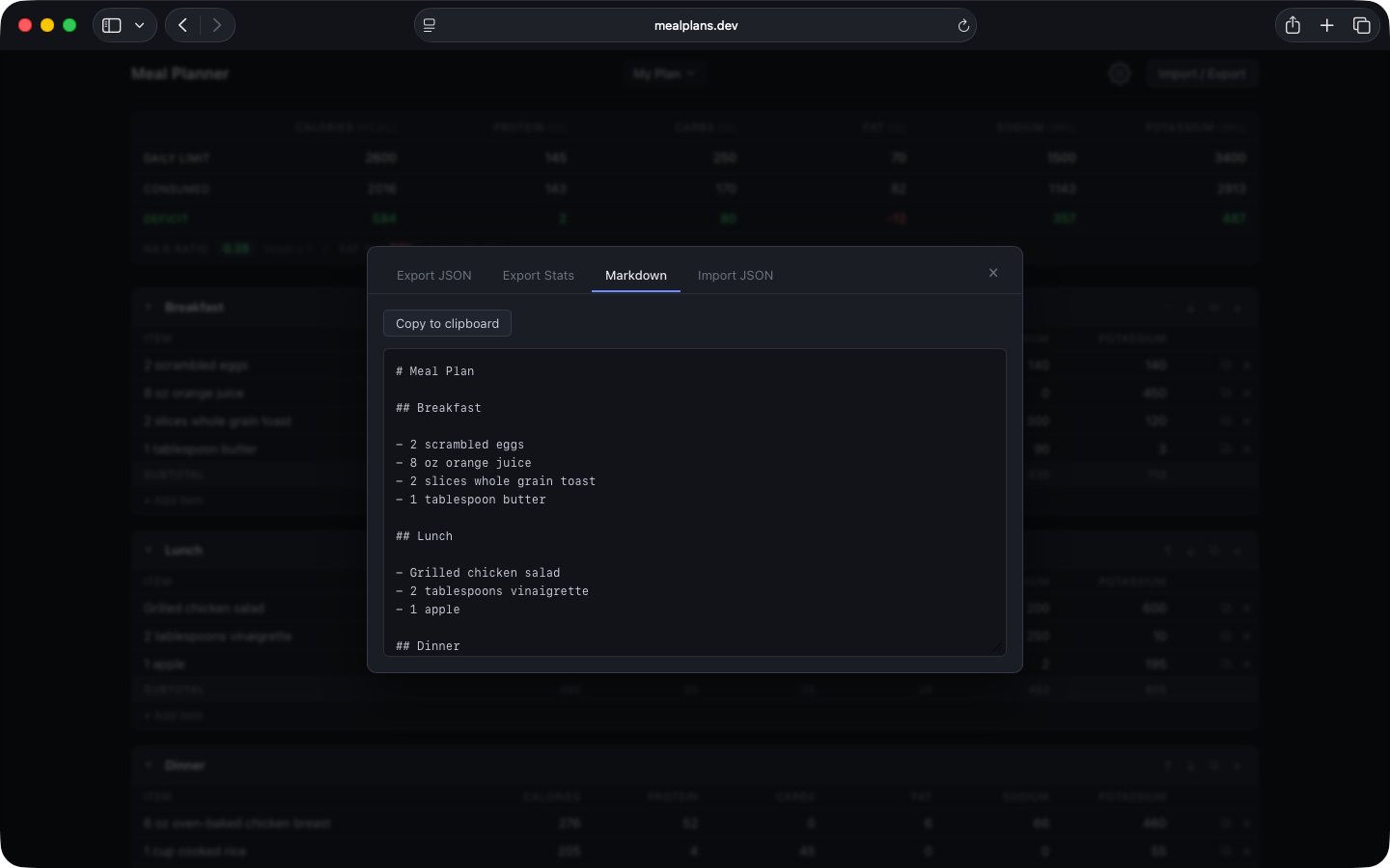 Export meal plan as markdown