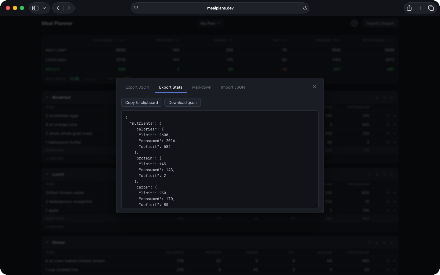 Export meal plan stats as JSON