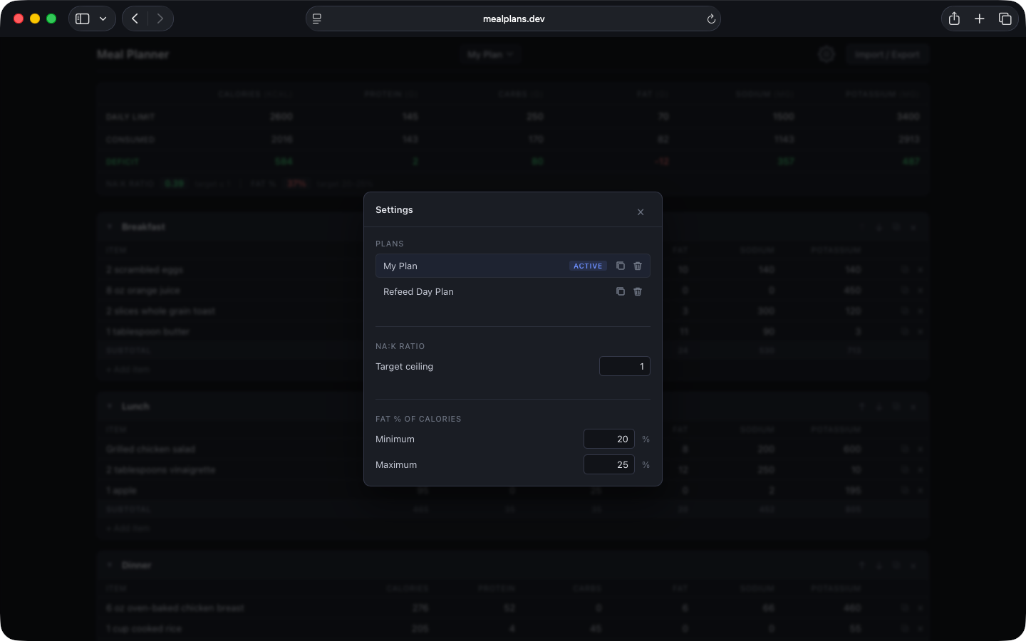 Meal plans settings page