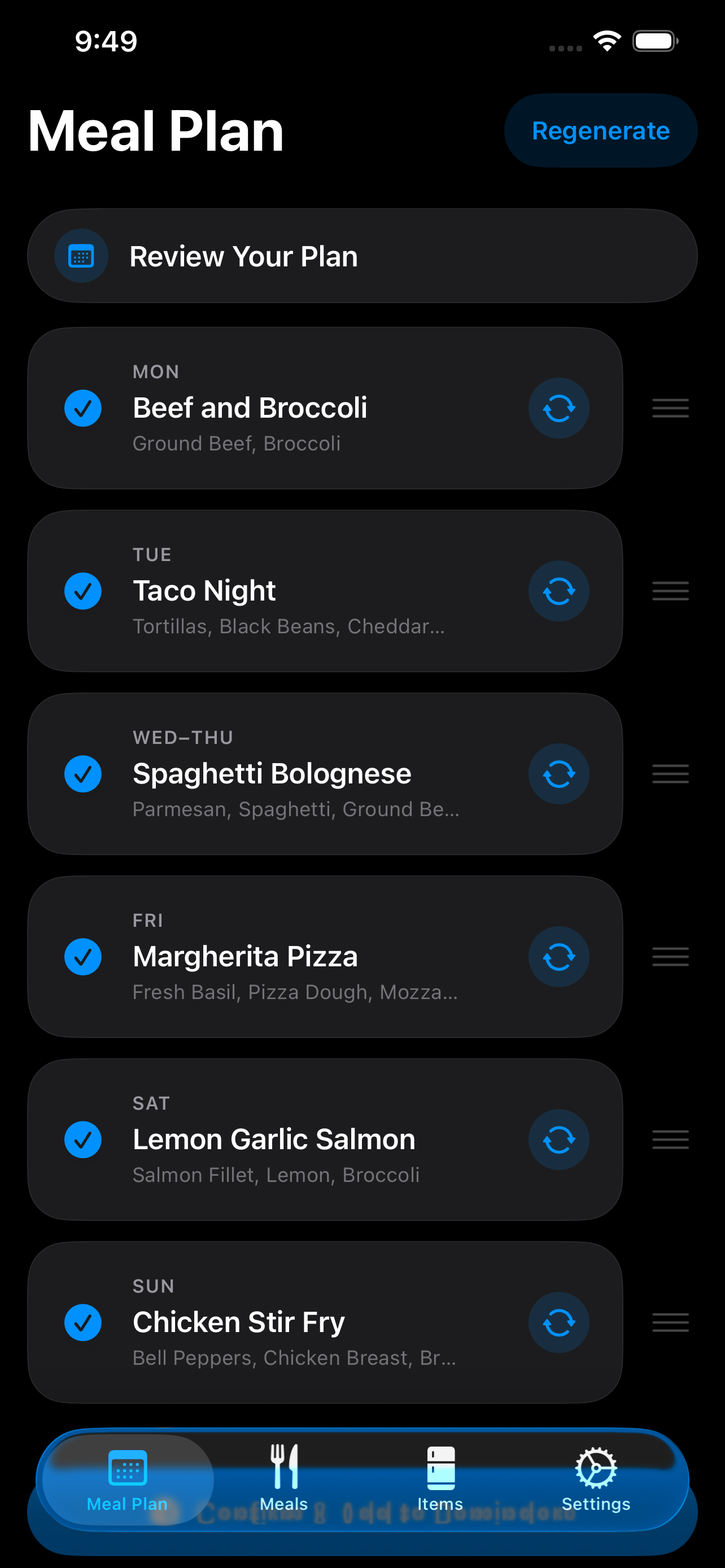 Meal plan screen