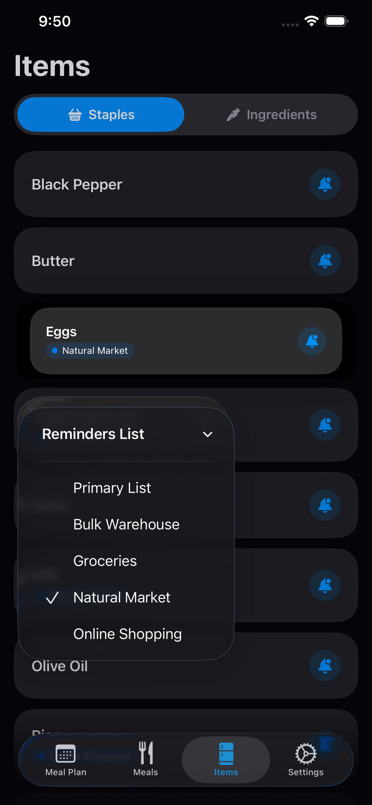 Shopping list screen